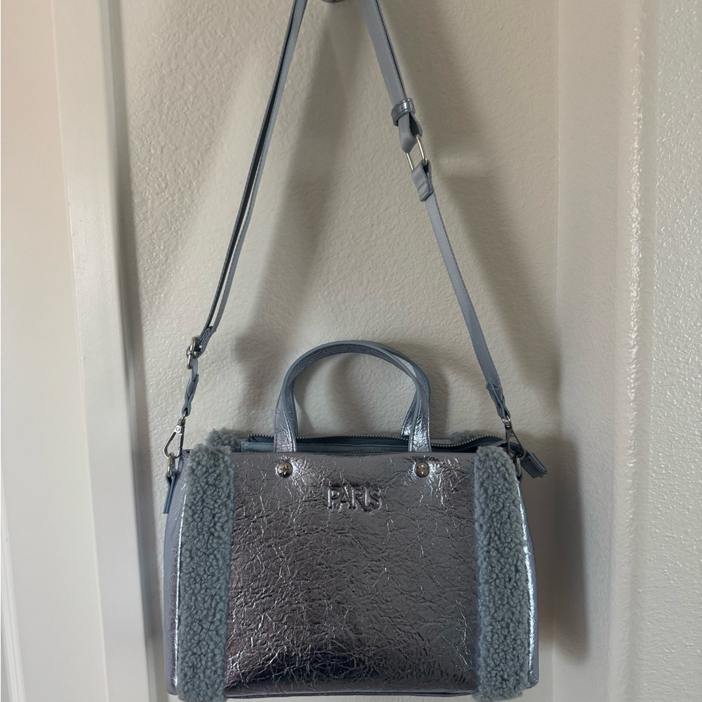 Paris Hilton Silver Gray Satchel with Glamorous Metallic Finish